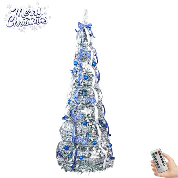 7ft Pop Up Snow Flocked Christmas Tree with 200 Warm White LED Lights & 8 Lighting Modes, Blue & Silver Ornaments, Ribbons, Bow-Knots, Easy Assembly for Holiday Décor