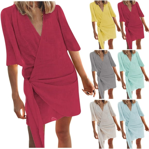 ZZwxWA Cotton and Linen V-Neck Midi Dress Short Sleeve Wrap Tie Mini Dress Casual Elegant Beach Work Vacation Travel Dresses