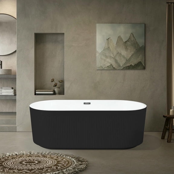 Canddidliike 67" Acrylic Freestanding Bathtub, Unique Pleated Design Bathtub with Chrome Overflow and Pop-Up Drain for Indoor, Black