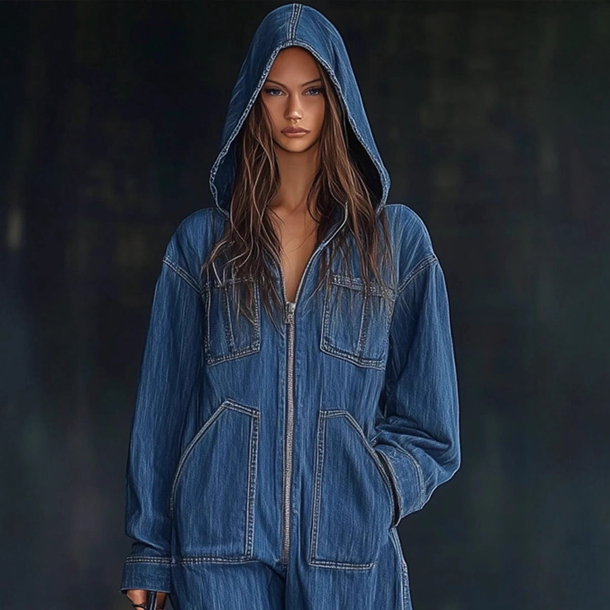 Women's Denim Jumpsuit Long Sleeve Hooded Zip Up One-Piece Casual Loose Fit Jean Romper With Pockets For Autumn Winter Travel