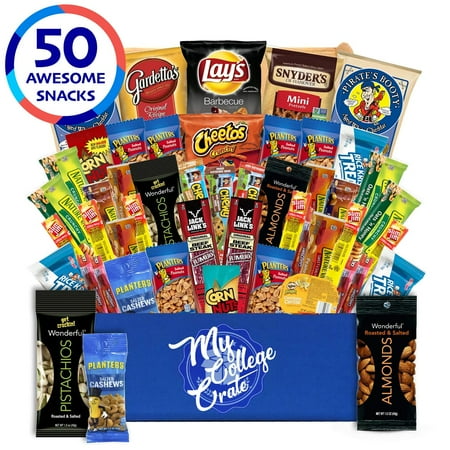 My Goodness Gift Baskets My College Crate Man Box Ultimate Men's Snack Care Package for College Students - Variety Assortment of Cookies, Pretzels, Chips, Jerky & Nuts - 40 Snacks - College Survival Kit ()