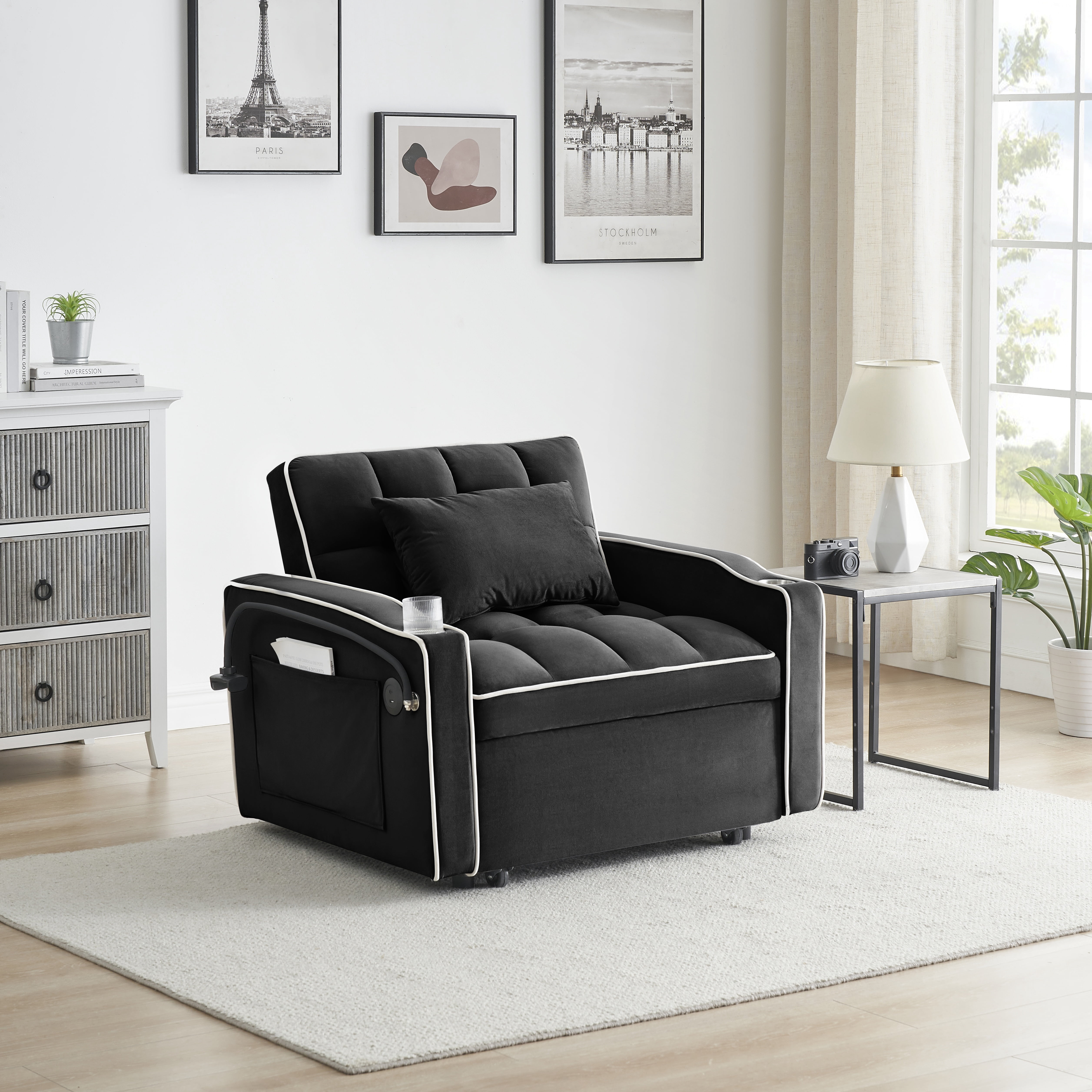 avobird 3 in 1 Convertible Chair Bed Sleeper, Pull Out Sofa Bed With adjustable back/USB port/ashtray/swivel phone stand, Black Lines