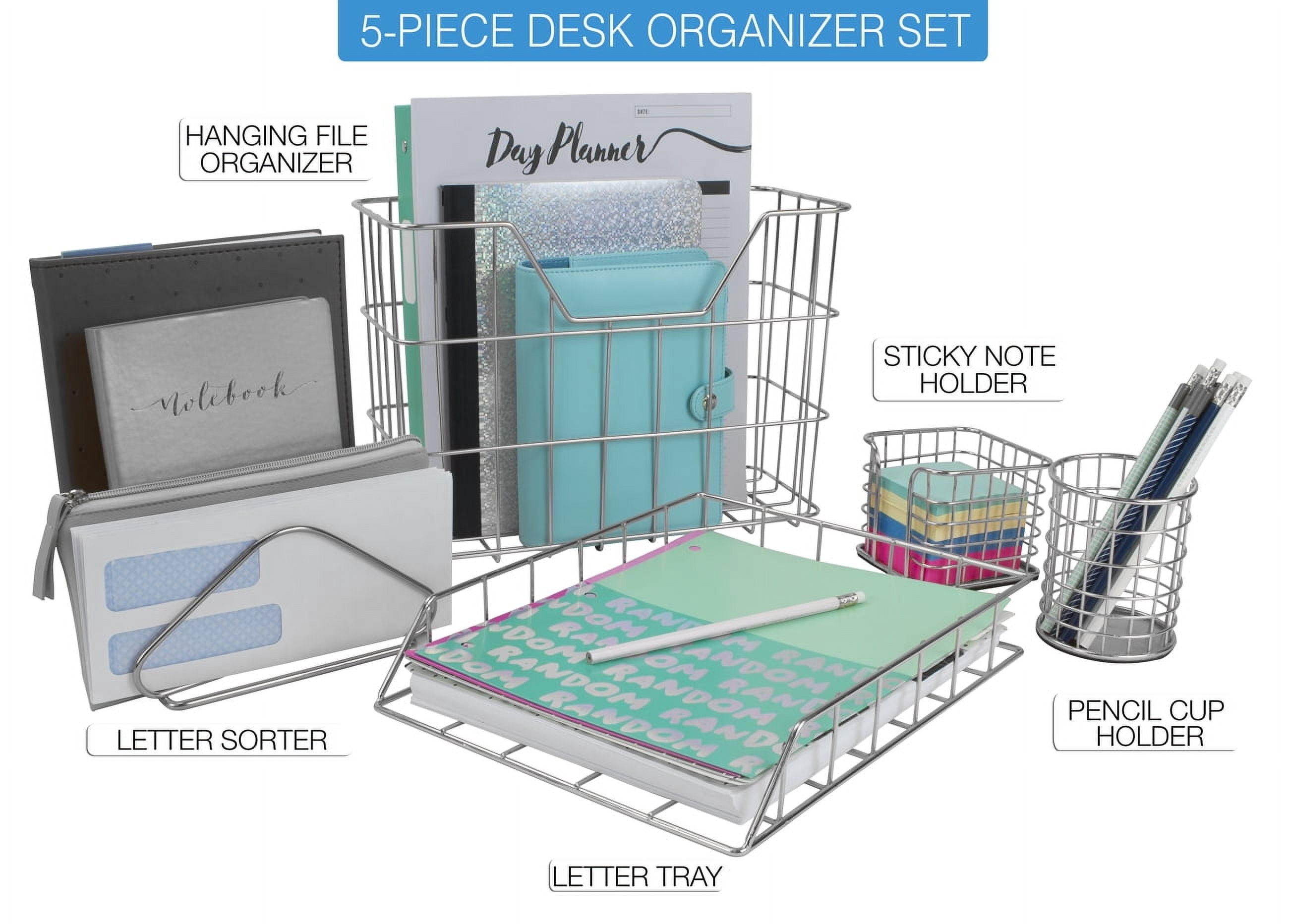 Wire Metal 5 in 1 Desk Organizer Set, Silver