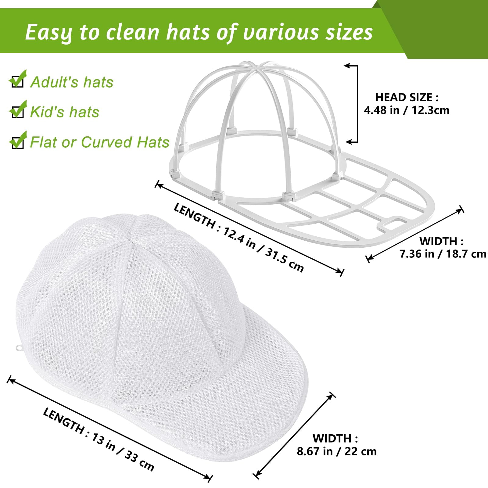 Portable Hat Washer Cage 2-Pack - Baseball Cap Cleaning Kit for Washing Machine, Hat Shaper & Protector with Mesh Bags