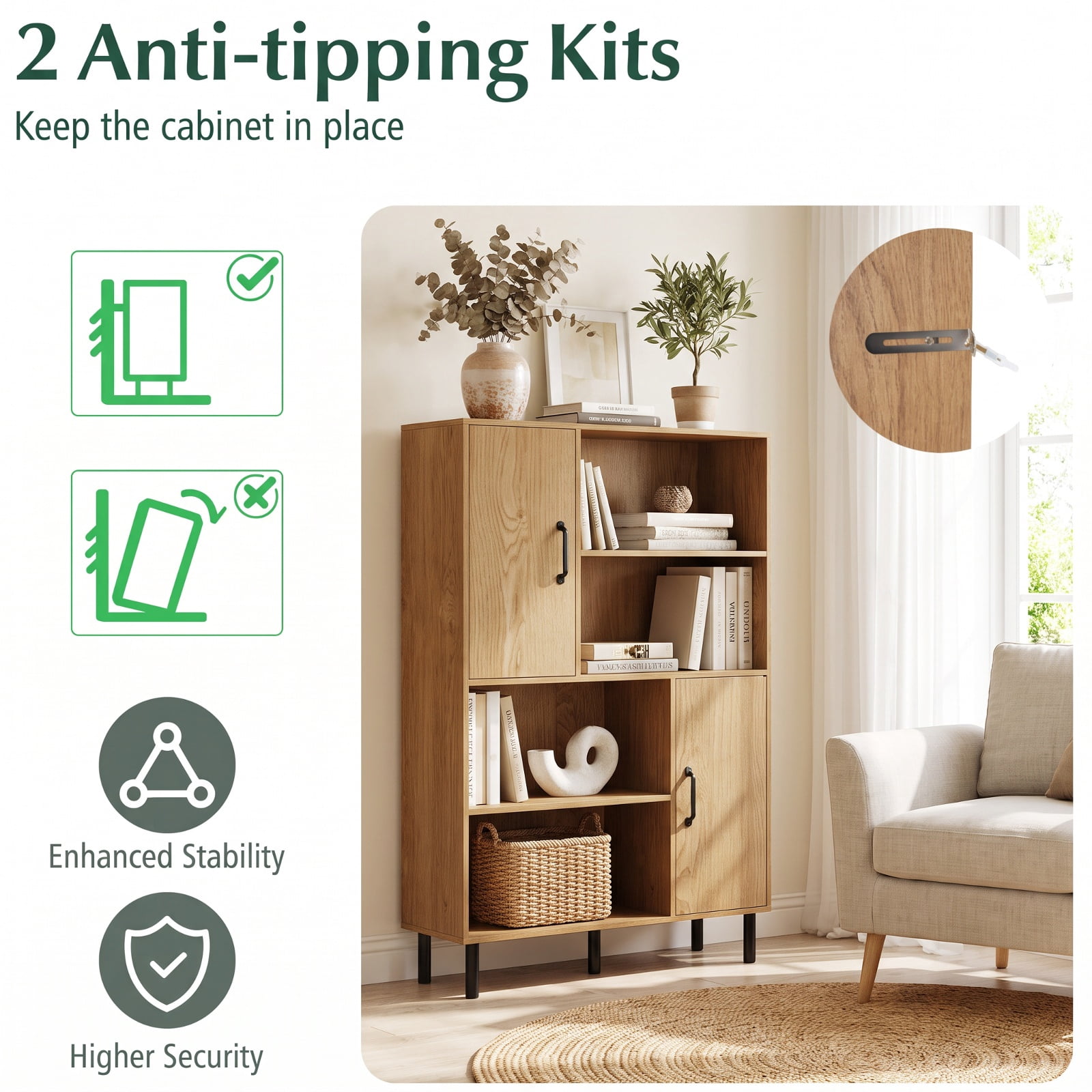 Furnibear 47 Inch Storage Cabinet Freestanding Bookcase with 2 Doors and 4 Open Shelves for Living Room Home Office Bedroom Display Storage, Natural