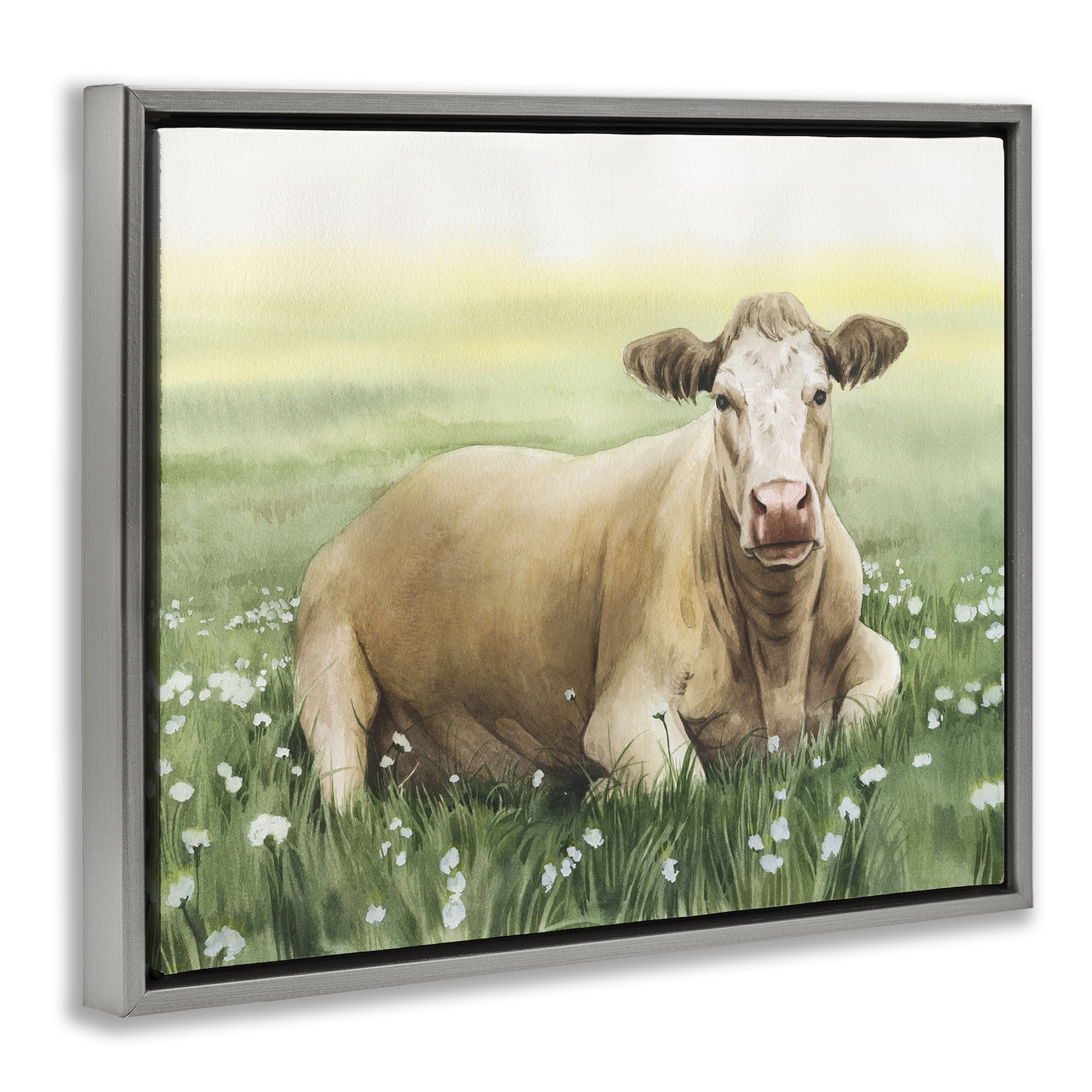 Stupell Industries Resting Beige Cow Animals & Insects Painting Gray Floater Framed Canvas Art Print Wall Art, 21 x 17