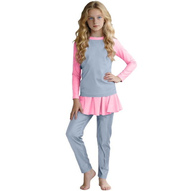 Maillot de Bain à Manches Longues pour Filles, Ensemble Maillot Dermoprotecteur avec Jupe pour Enfants, Maillot de Bain Couvrant et Modeste, Haut de Protection Solaire UPF avec Bonnet de Bain, Tenue d'Été de Plage pour Petites Filles