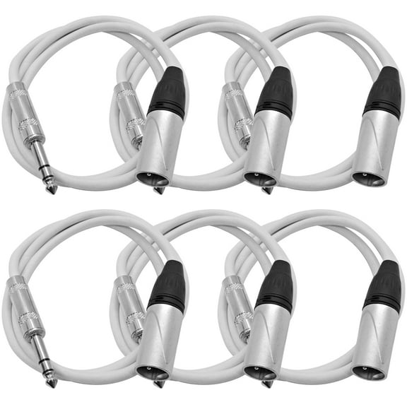 Seismic Audio 6 Pk 3 Foot XLR Male to 1/4 Inch TRS Patch Cables - Balanced White Audio Cords - SATRXL-M3White-6Pack