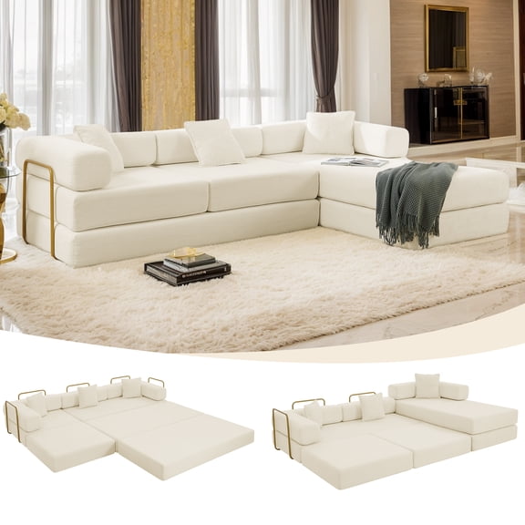 108" W Corduroy Convertible Futon Sofa Bed, Oversized Folding Sofa with Chaise & Pillows, No Assembly Required, Fixed-Shape Frame, Floor Lazy Boneless Couch for Living Room/Apartment