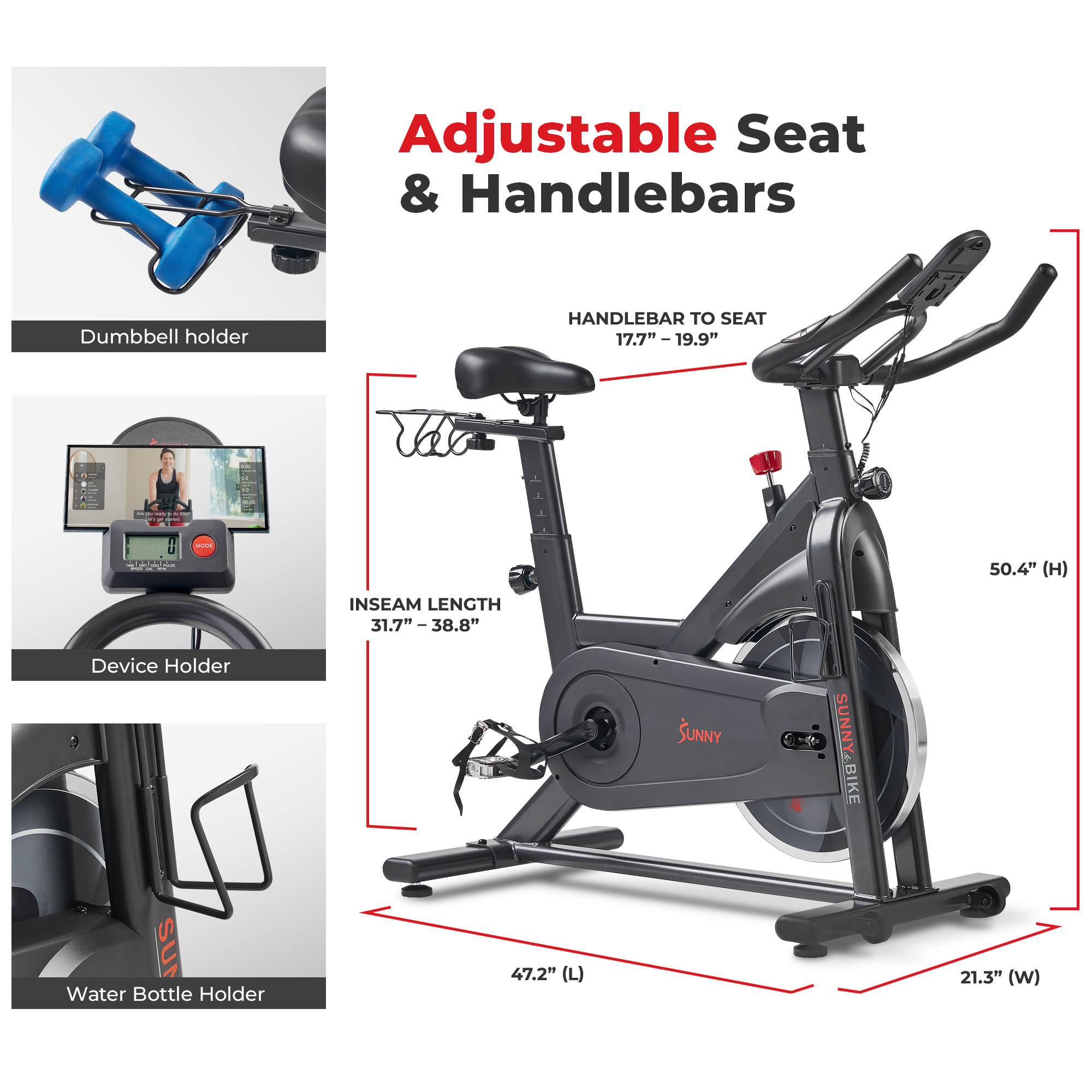 Sunny Health & Fitness Upright Exercise Bike - 8 Level Magnetic, Bluetooth, Adjustable Seat, Quiet Home Bike