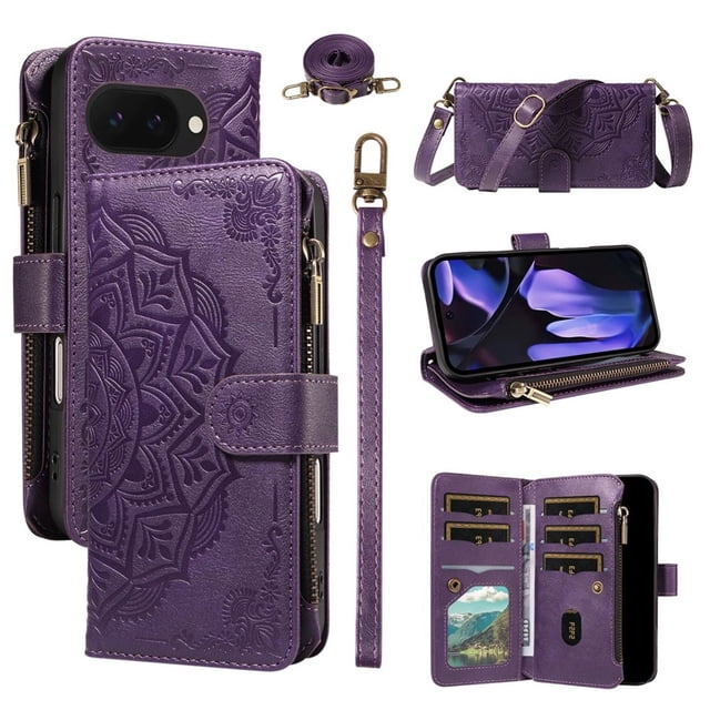 For Google Pixel 10a Wallet Case, 9 Card Slots RFID Blocking Crossbody Leather Cover, Zipper Pocket, Detachable Wrist & Shoulder Strap, Magnetic Shockproof Protective Phone Case for Women,Purple