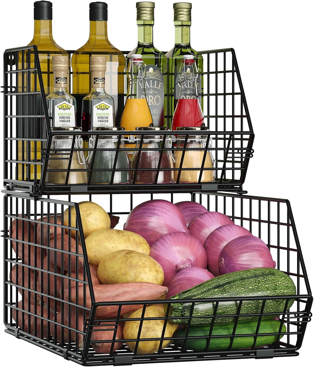 XCOSRACK 2-Tier Stackable Fruit Basket for Kitchen Counter, Metal Wire Produce & Snack Storage Bin, Freestanding Potato and Onion Pantry Organizer, Black