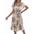thumbnail image 3 of Women's Floral Elegant Pleated Midi Print Batwing Sleeve Tie Waist Dress for Daily Wear M, 3 of 10