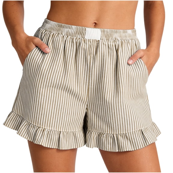 Oiangi Womens Striped Beach Shorts Elastic Waist Ruffled Boxers Loose Comfy Summer Shorts with Pockets Khaki L
