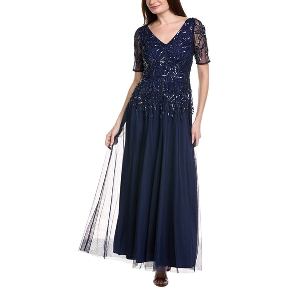 Adrianna Papell womens Beaded Mesh Gown, 0, Navy