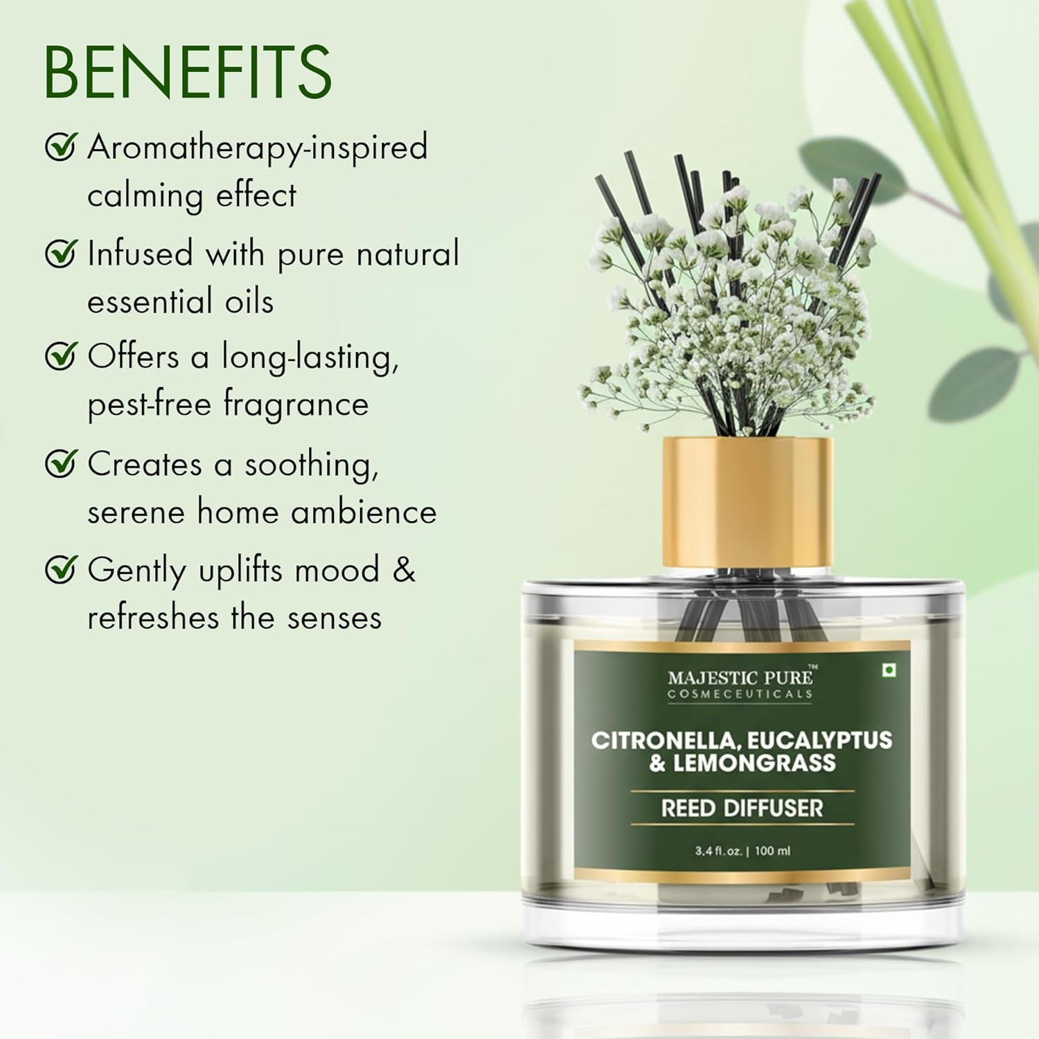 Citronella, Eucalyptus & Lemongrass Reed Diffuser for Home, Bathroom & Office | Natural Aromatherapy Air Freshener with Reed Sticks & Dried Flower 3.4 fl oz