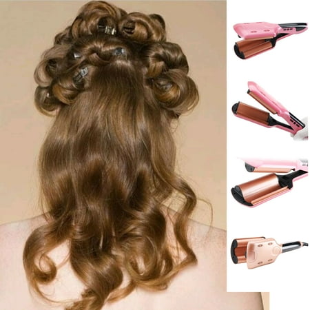 Barrel High Temperature Ceramic - Three Barrel Curling Iron Wand with LCD Temperature Display Ceramic Tourmaline Triple Barrels Dual Voltage Crimping Tool Best Hair Waver for Beachy Frizz Free Waves Pink or Gold