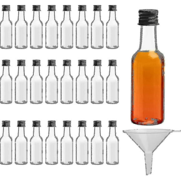Mini Liquor Bottles (24 Pack) - Reusable Plastic 50ml Empty Spirit Bottles With Black Screw Caps And Liquid Funnel