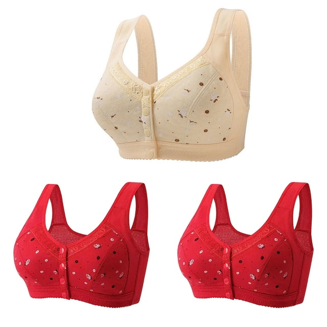 AherBiu 3pc Plus Size Bras for Seniors Women No Underwire Comfort Push up Bralettes Front Closure Button Bras
