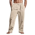 thumbnail image 3 of Hearthz Cotton Linen Pants Men Beach Summer Yoga Trousers Elastic Waist Drawstring Straight Legs Pants for Men Khaki L, 3 of 10