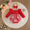 thumbnail image 5 of Toddler Baby Girls Clothes Sets Letter Ruffled Long Sleeve Romper Dress with Hairband Kids Fall Winter Holidays Casual Lace Jumpsuit Dress 6-12 Months, 5 of 8