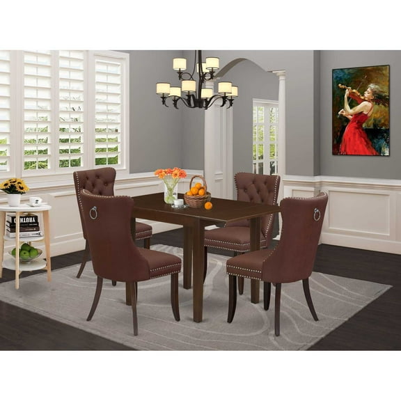 Rectangle Dining Table Set with 4 Chairs - Burgundy Faux Leather Kitchen Table Set - Mahogany Finish