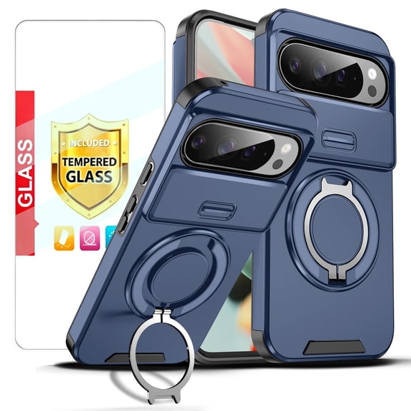 Kryonix for Google Pixel 11 Pro XL 6.8'' Case with Tempered Glass Screen Protector,Slide Camera Cover,Dual-Layer Hybrid Shockproof Magnetic Ring Holder,Rugged Slim Cell for Women Men,Blue