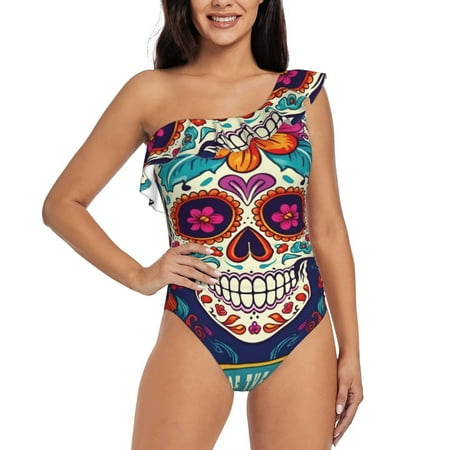 Uemuo Dead Day Party Print Women s One Piece Swimsuit Asymmetrical Neck Bathing Suit One Shoulder Side Cutout Ruffle Swimwear-Medium