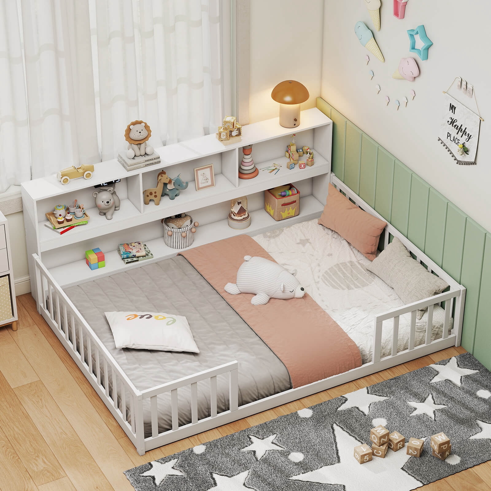 Costway Full Size Montessori Floor Bed with Bookcase Storage Shelves & Safety Fence Rails White