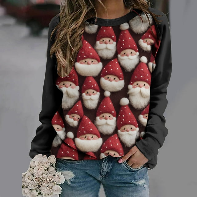 Birdeem Blouse de Noël Imprimée à Manches Longues pour Femmes Col Rond Tunique Décontractée