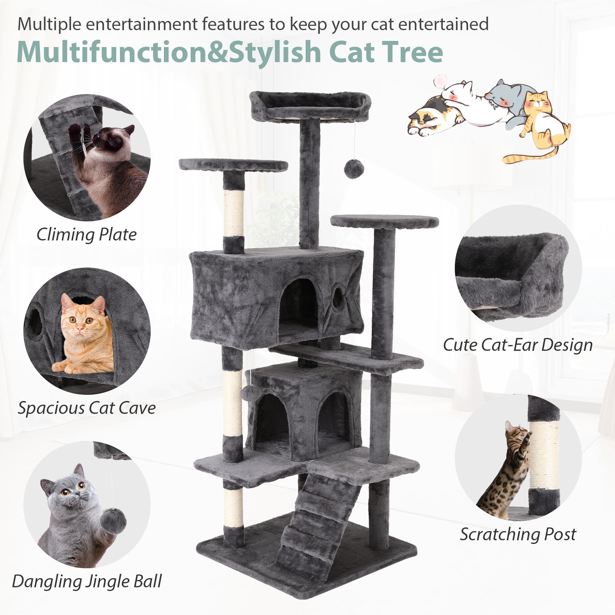 CL.HPAHKL 54-Inch Large Cat Tower with 3 Scratching Posts, Tall Cat Tree Tower with Big Cat Condo for Indoor Cat Plush Multi-Level Cat Condo with Hanging Toy for Kittens Pet House Play, Ashy
