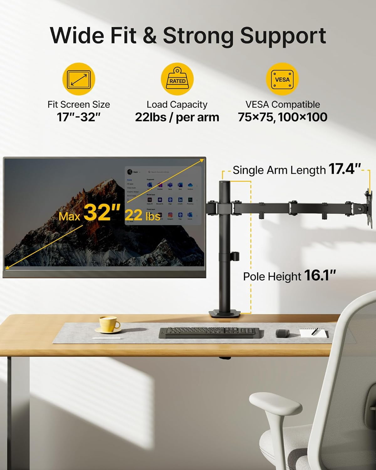 monTEK Dual Monitor Stand for 17"–32" Screens, Heavy-Duty Monitor Desk Mount Holds up to 22 lbs per Arm, Fully Adjustable with Clamp & Grommet Base, VESA 75/100mm
