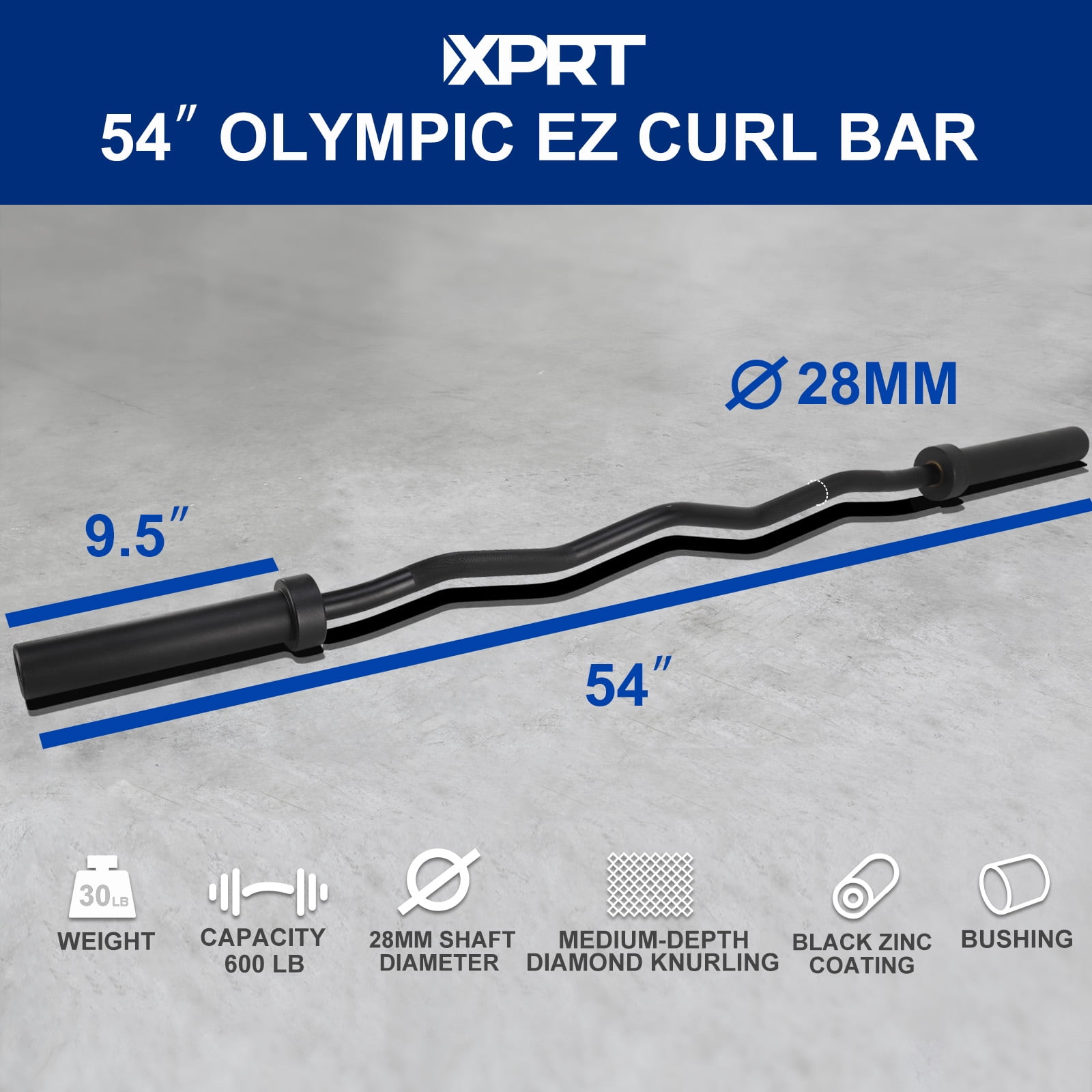 XPRT Fitness 54'' Olympic EZ Curl Barbell Steel Bar Black