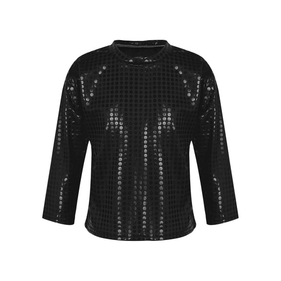 TSSOE Boys Girls Sparkly Metallic Long Sleeve Loose T-Shirt Jazz Hip Hop Dance Top Performance Costume Dancewear Black 4-5