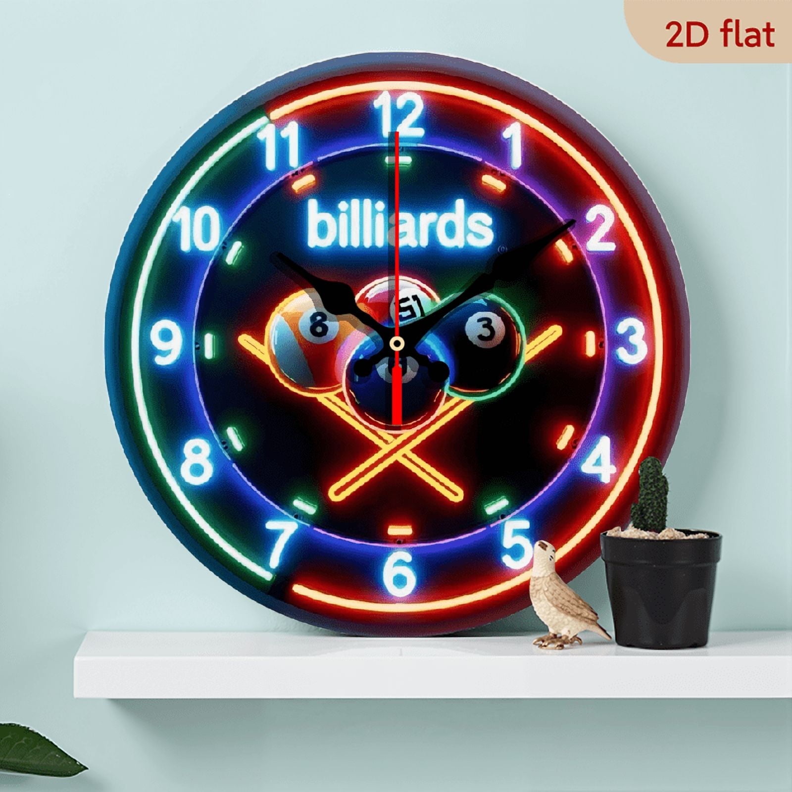 A wall-mounted clock, featuring the neon billiard trend theme, with the numbers presented in fluorescent colors, is a casual-themed clock with a strong street fashion vibe.