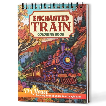 TPLHOUSE Enchanted Train Coloring Book Spiral Bound for Adults, A5 Wooden Cover, Train Lovers, 30 Magical Coloring Pages of Railroad Journey for Stress Relief and Relaxation