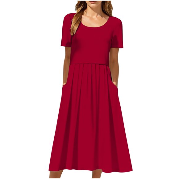 LOVZFMLL Women's Dresses Summer Pockets Knee Length Teacher Casual Dresses Short Sleeve Crew Neck Midi Work Travel Outfits Wine S
