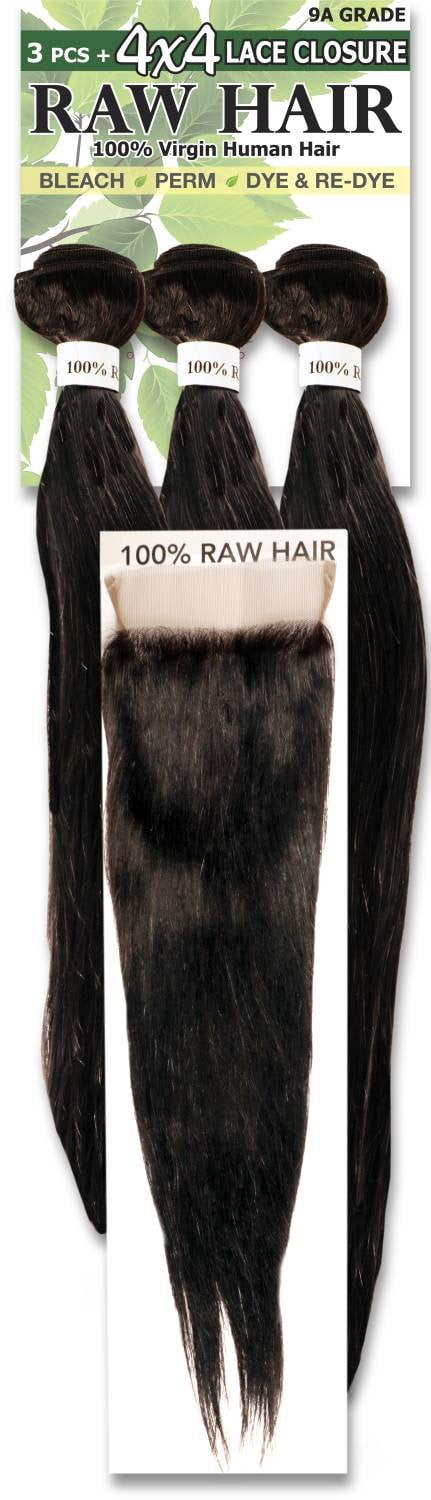 RAW 100% Virgin Human Hair Bundle Set - 14"/16"/18" with 4X4 Lace Closure - Natural Color