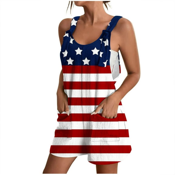 Lovskoo 2024 Short Jumpsuits for Women Independence Day American Flag Loose Sleeveless Casual Romper Overalls Jumpsuit with Pockets Multicolor L