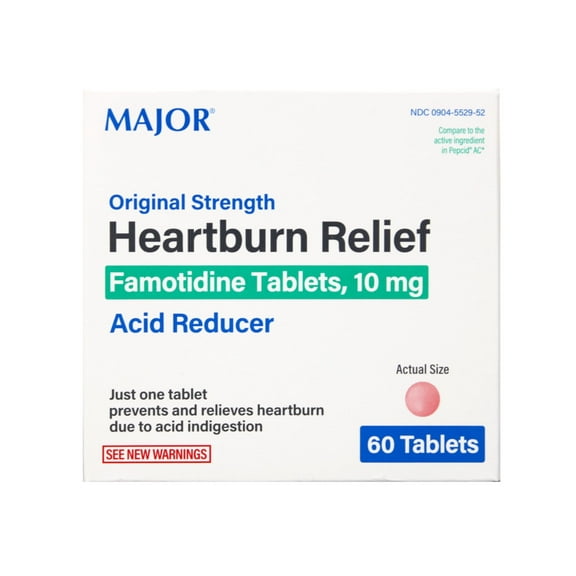 Major Heartburn Relief Famotidine Tablets 10 mg Acid Reducer, Original Strength, 60 Tablets