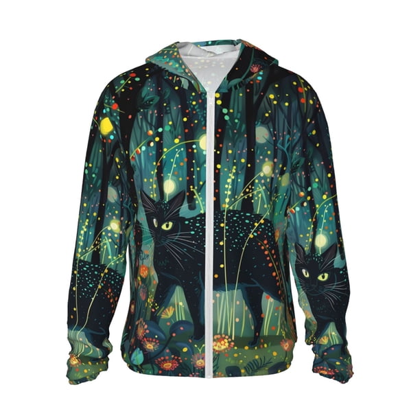Fotbe Mystical Black Cat Fireflies Chaqueta con Protección Solar UPF 50+ para Hombre y Mujer, Camisa con Capucha y Bolsillos-Medium