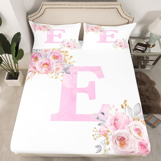 Erosebridal Initial E Letter Fitted Sheet Queen, Floral Monogrammed Bedding Set Queen Size, Initial A-Z Decor