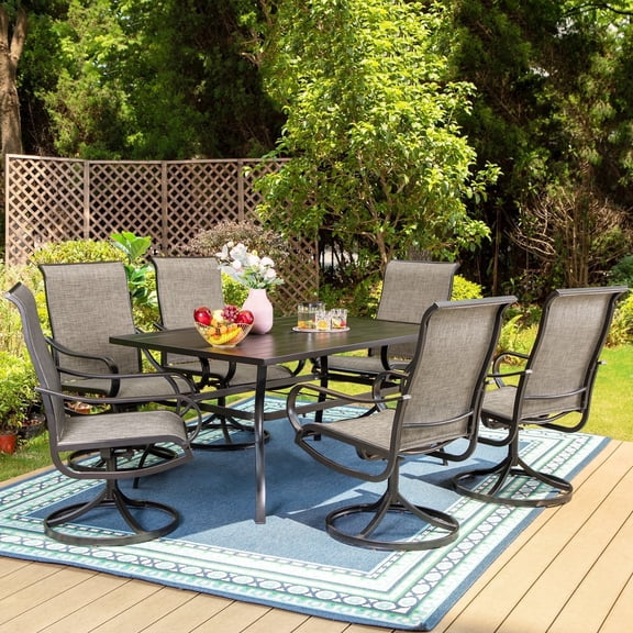 MF Studio 7 Pieces Outdoor Patio Dining Set with Swivel Textilene Chairs and Metal Patio Table with Umbrella Hole for 6 People, Black & Brown-Gray