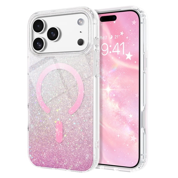 BENTOBEN Magnetic Clear Glitter Case for iPhone 17 Pro (2025) / Case for 18 Pro (2026) 6.3", Compatible with Mag-Safe, Shockproof Sparkly Protective Anti-Yellowing Cover, Gradient Pink