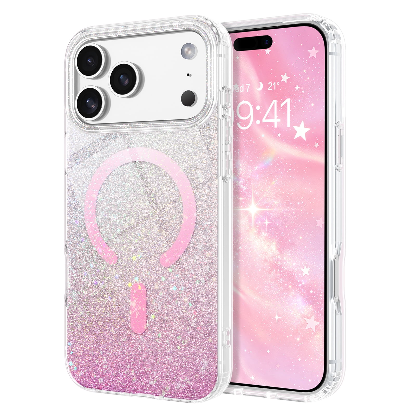 BENTOBEN Magnetic Clear Glitter Case for iPhone 17 Pro (2025) / Case for 18 Pro (2026) 6.3", Compatible with Mag-Safe, Shockproof Sparkly Protective Anti-Yellowing Cover, Gradient Pink