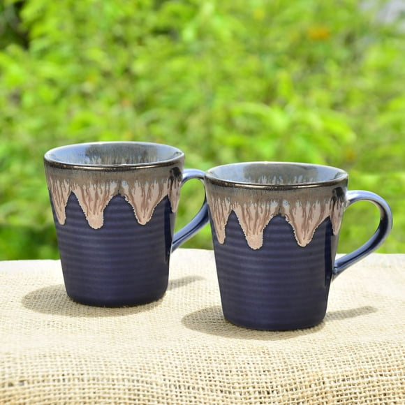 Studio Pottery Flow Design Ceramic Coffee Mugs Set Of 2 - 300ml Each, Blue | Milk Mugs | Chai Cups | Tea Cups & Mugs