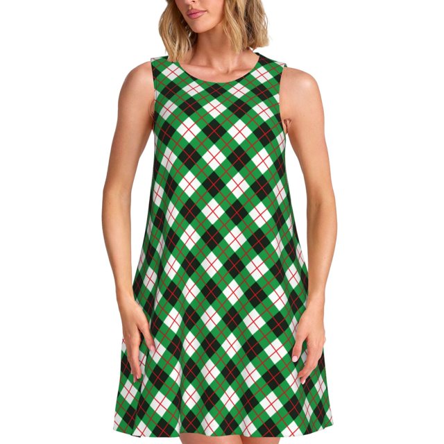 Fotbe Green Argyle Plaid Vestido de Verano sin Mangas para Mujer – Vestido Midi Línea A, Estilo Camiseta Floral, Vestido Playero Casual y Fluido
