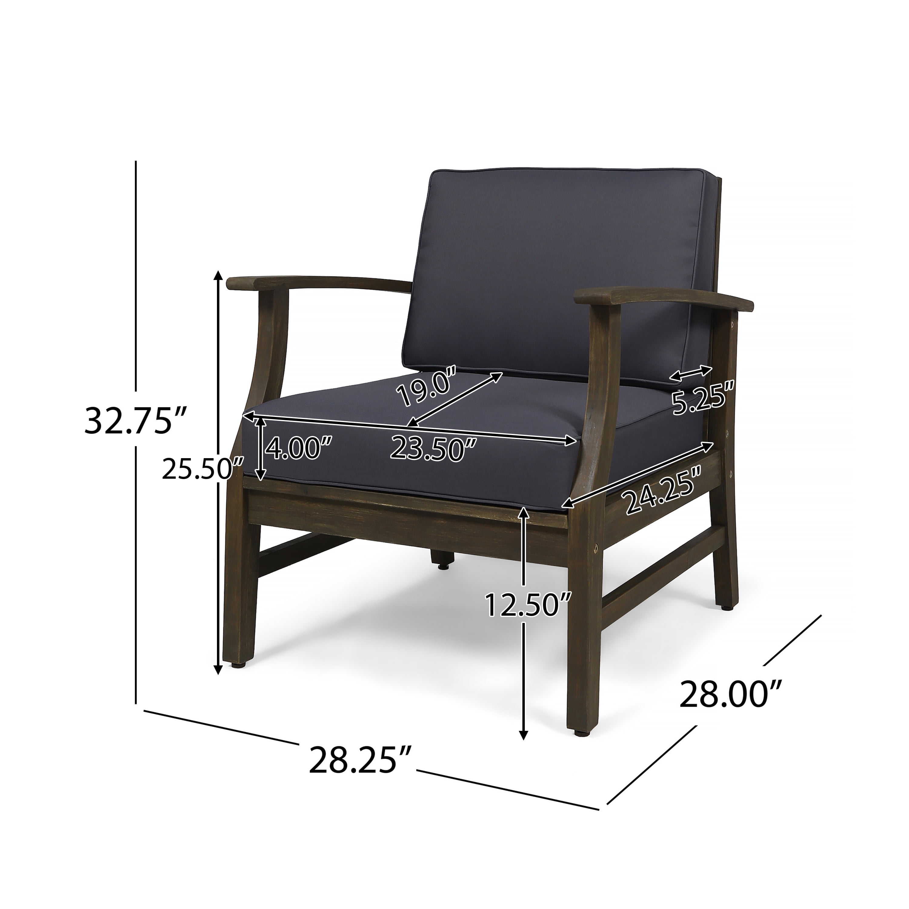 Outdoor Single Acacia Wood Club Chair, Comfort Leisure Seat for Patio Garden, Dark Gray