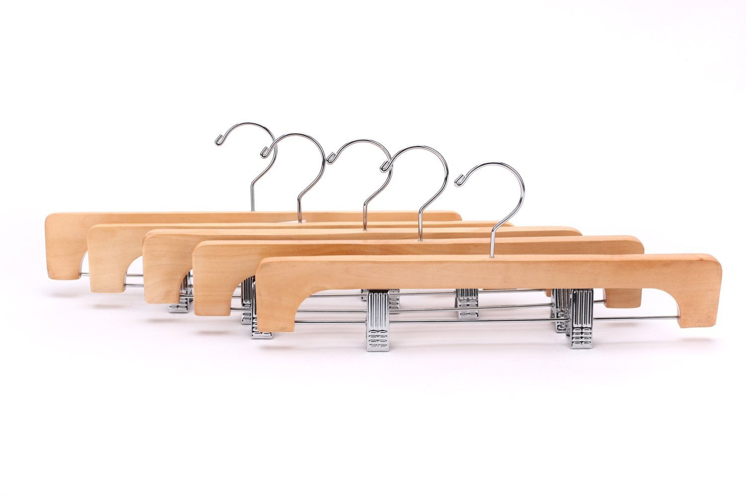 J.S. Hanger Heavy Duty Natural Finish Wooden Pants Hangers with Antirust Hook and Clips, 10