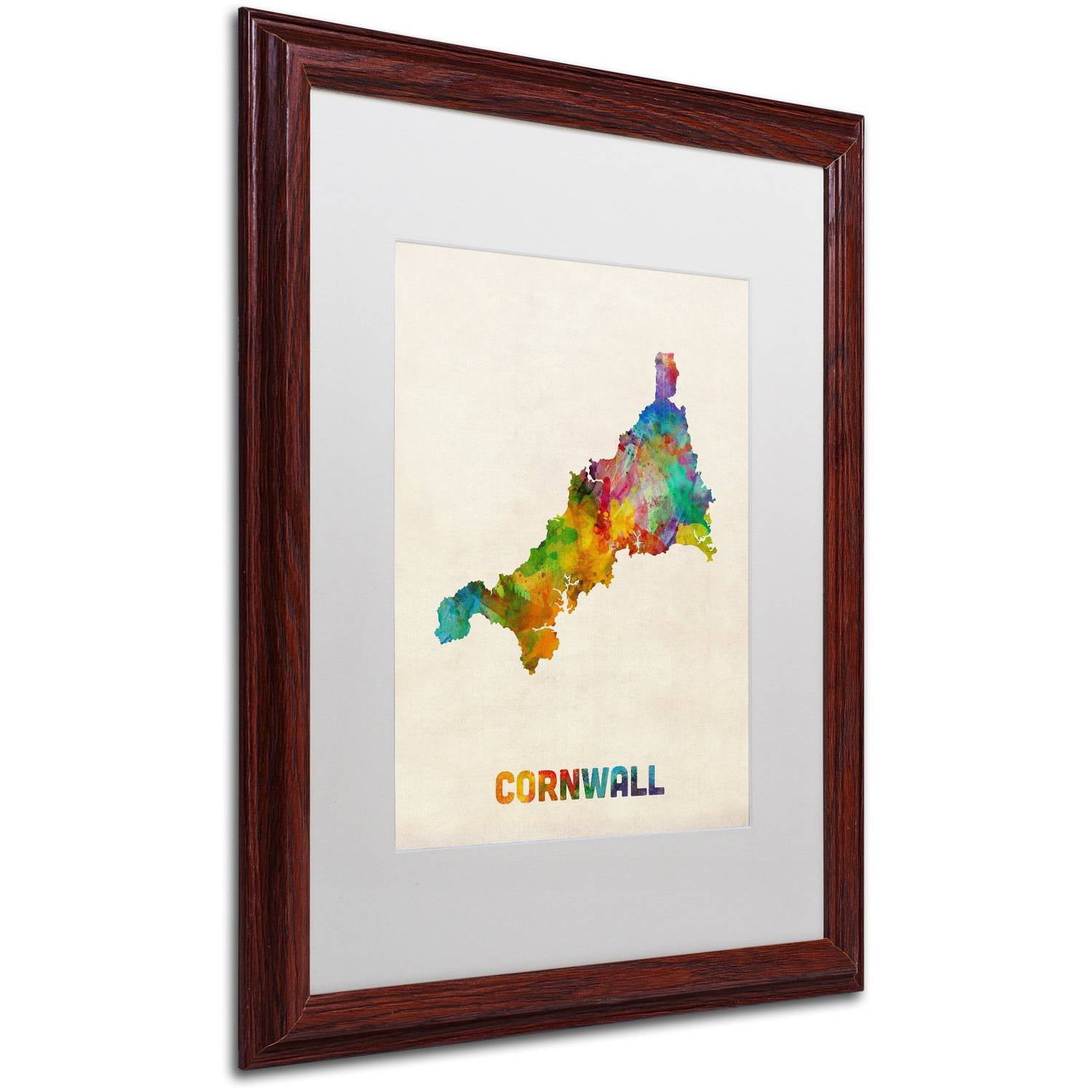 Trademark Fine Art 'Cornwall England Watercolor Map' Canvas Art by Michael Tompsett, White Matte, Wood Frame